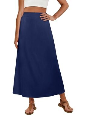 Ofeefan Women's Navy Blue Stretchy Spring Summer Boho Casual Flowy Maxi Skirts
